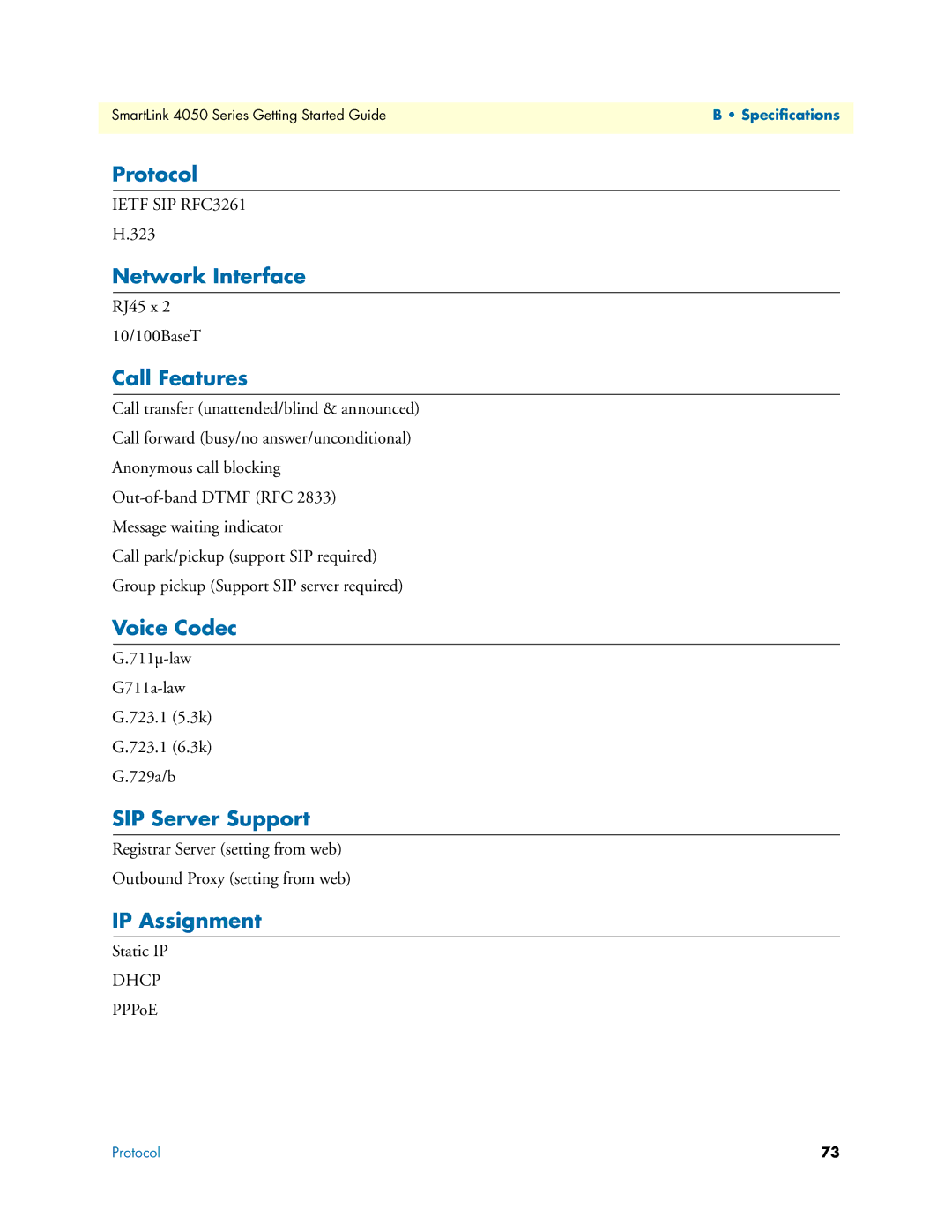 Patton electronic SL4050/2 Protocol, Network Interface, Call Features, Voice Codec, SIP Server Support, IP Assignment 