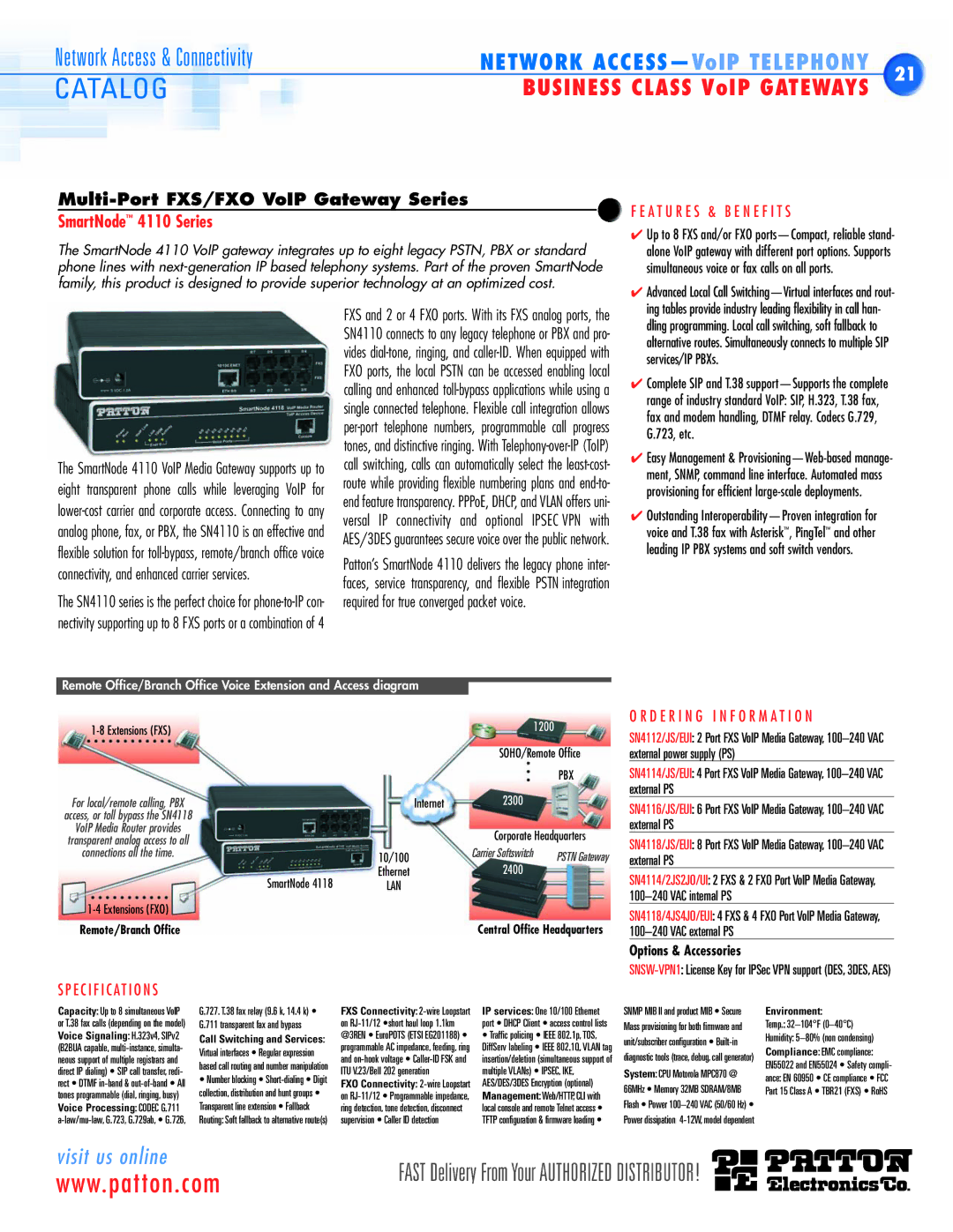 Patton electronic SN452X, SN483X, SN4900 Business Class VoIP Gateways, SmartNode 4110 Series, Services/IP PBXs, 723, etc 