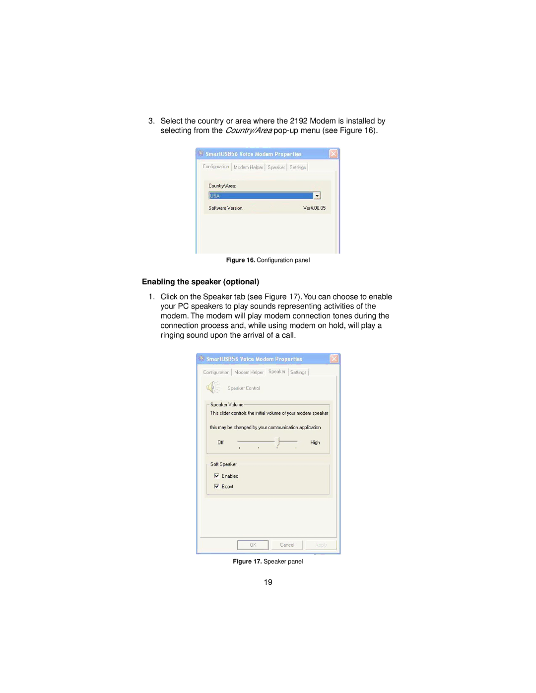 Patton electronic USB, V.92, 2192 user manual Enabling the speaker optional, Conﬁguration panel 