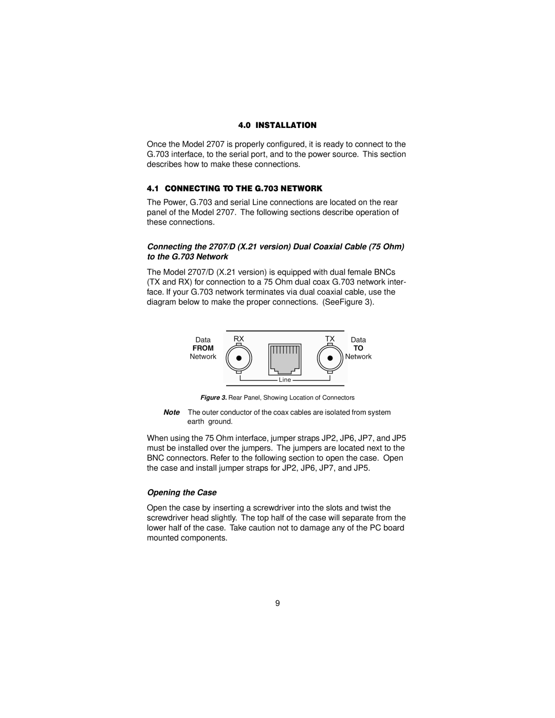 Patton electronic X.21 Interfaces, 2707C, 2707D user manual Installation, Connecting to the G.703 Network, Opening the Case 