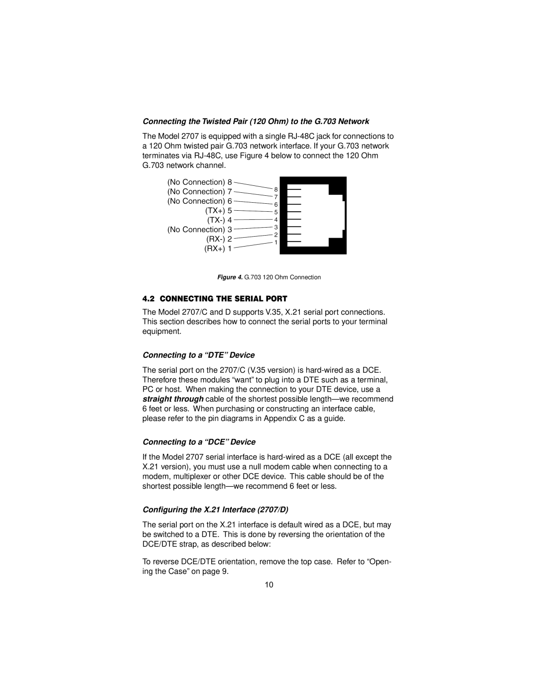 Patton electronic 2707C, 2707D Connecting the Twisted Pair 120 Ohm to the G.703 Network, Connecting the Serial Port 