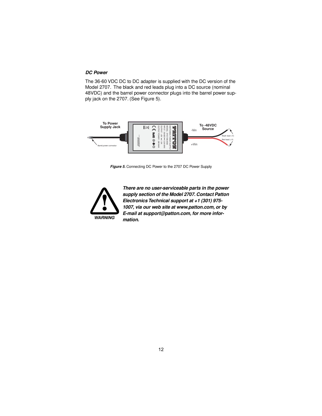 Patton electronic 2707C, 2707D, X.21 Interfaces user manual DC Power, To Power Supply Jack 