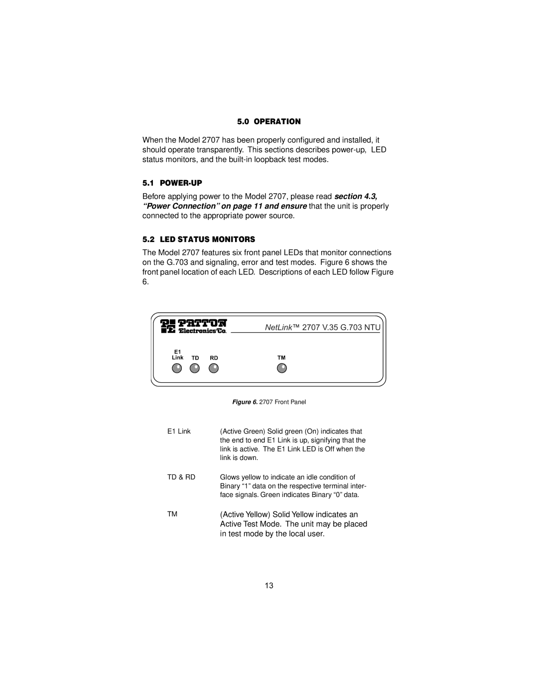 Patton electronic X.21 Interfaces, 2707C, 2707D user manual Operation, Power-Up, LED Status Monitors 