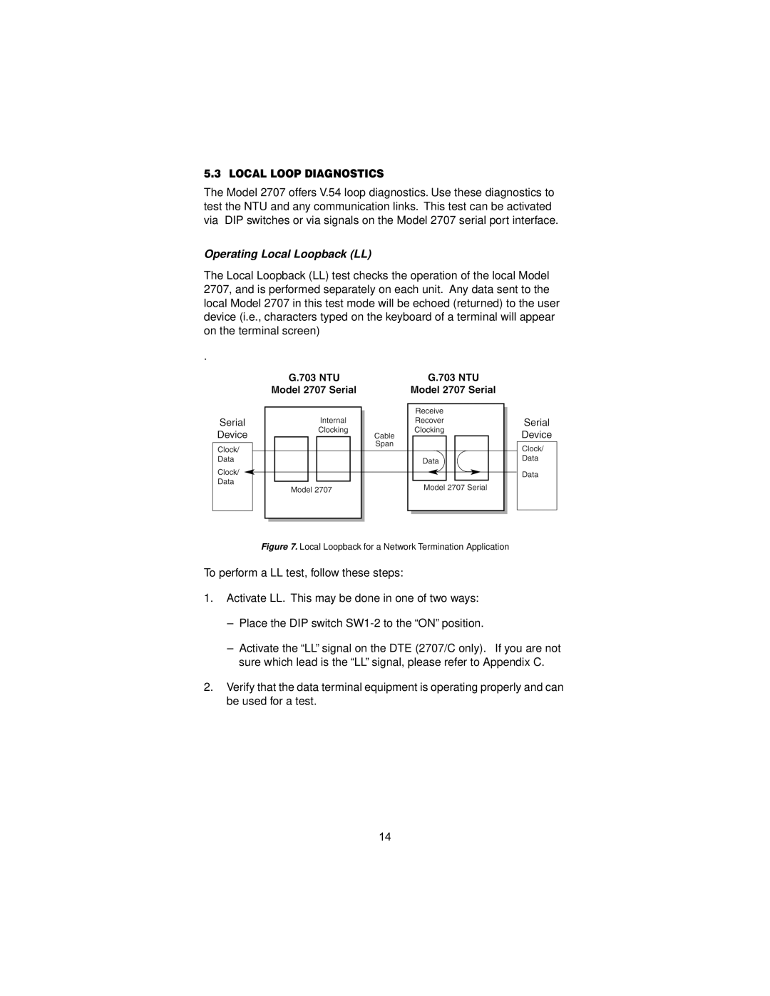 Patton electronic 2707C, 2707D, X.21 Interfaces user manual Local Loop Diagnostics, Operating Local Loopback LL 