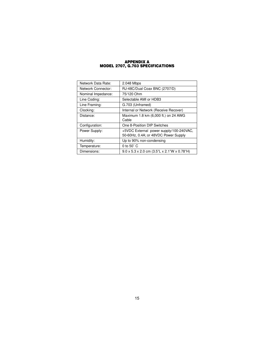 Patton electronic X.21 Interfaces, 2707C, 2707D user manual Appendix a Model 2707, G.703 Specifications 