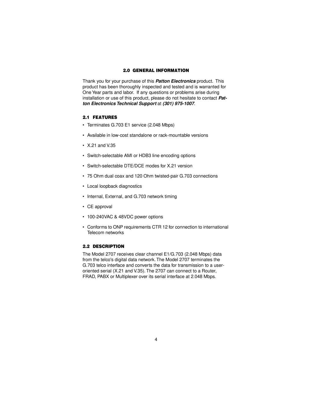 Patton electronic 2707C, 2707D, X.21 Interfaces user manual General Information, Features, Description 