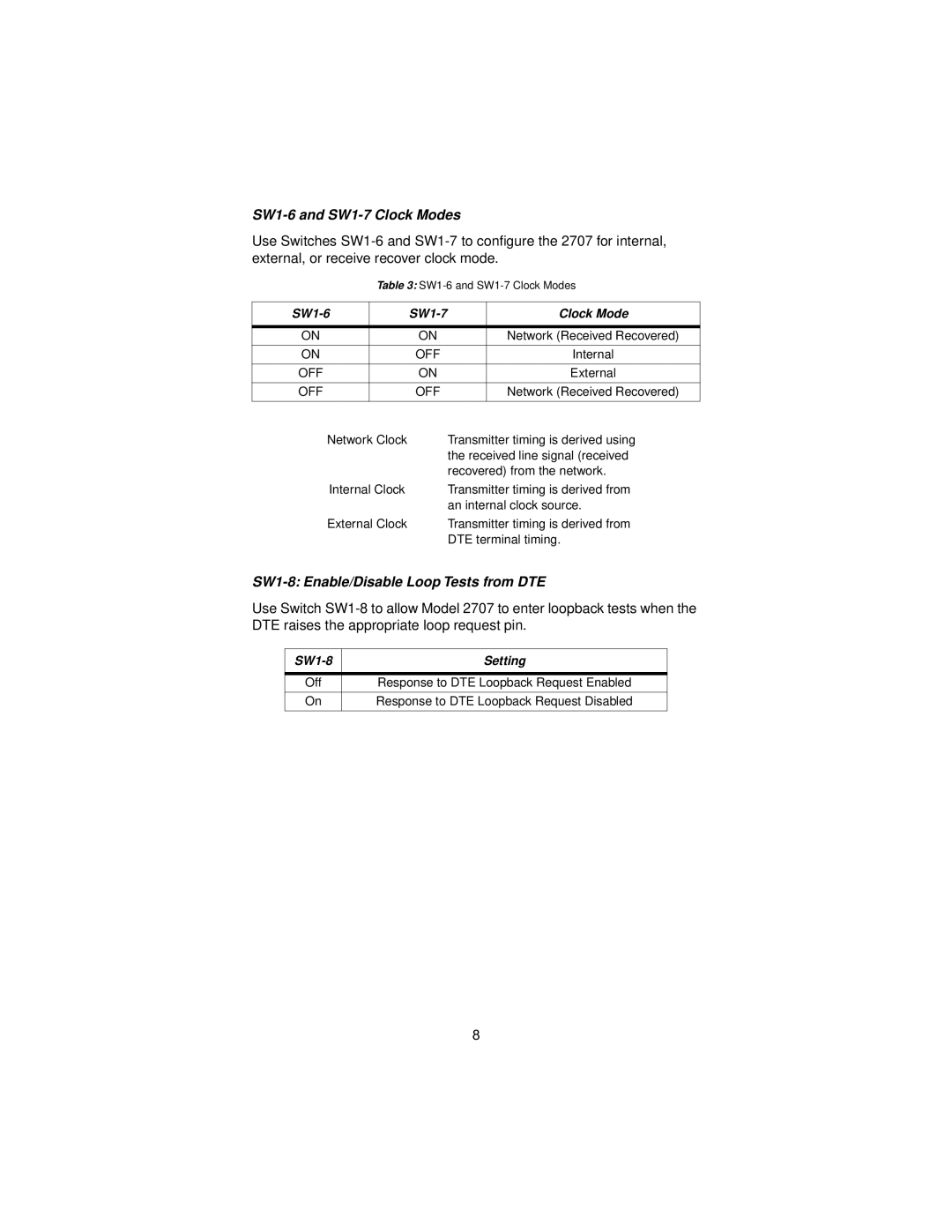 Patton electronic 2707C, 2707D SW1-6 and SW1-7 Clock Modes, SW1-8 Enable/Disable Loop Tests from DTE, SW1-8 Setting 