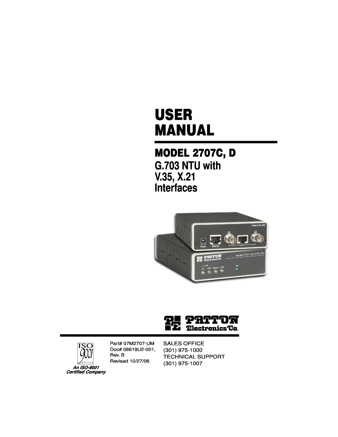 Patton electronic 2707C, 2707D, X.21 Interfaces user manual User Manual, MODEL 2707C, D G.703 NTU with V.35 Interfaces 