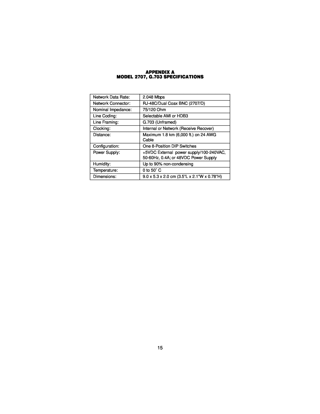 Patton electronic X.21 Interfaces, 2707C, 2707D user manual APPENDIX A MODEL 2707, G.703 SPECIFICATIONS 