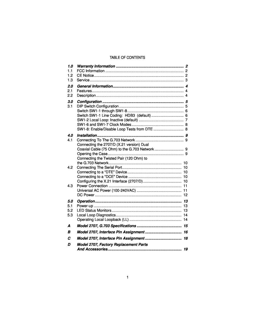 Patton electronic X.21 Interfaces, 2707C, 2707D user manual Table Of Contents 