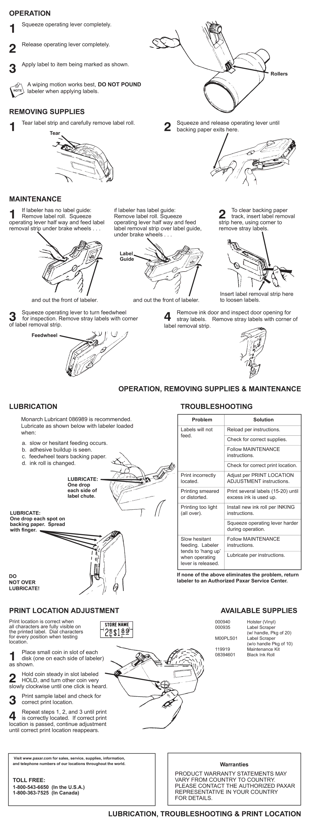 Paxar 1103-1110 manual Operation, OPERATION, Removing Supplies & Maintenance Lubrication, Troubleshooting 