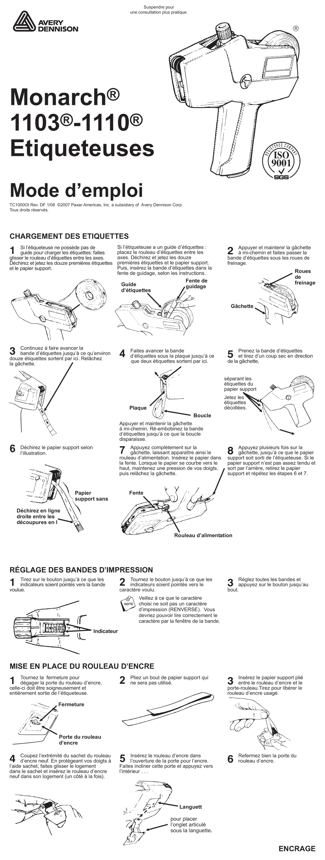 Paxar 1103-1110 Chargement DES Etiquettes, Réglage DES Bandes D’IMPRESSION, Mise EN Place DU Rouleau D’ENCRE, Encrage 