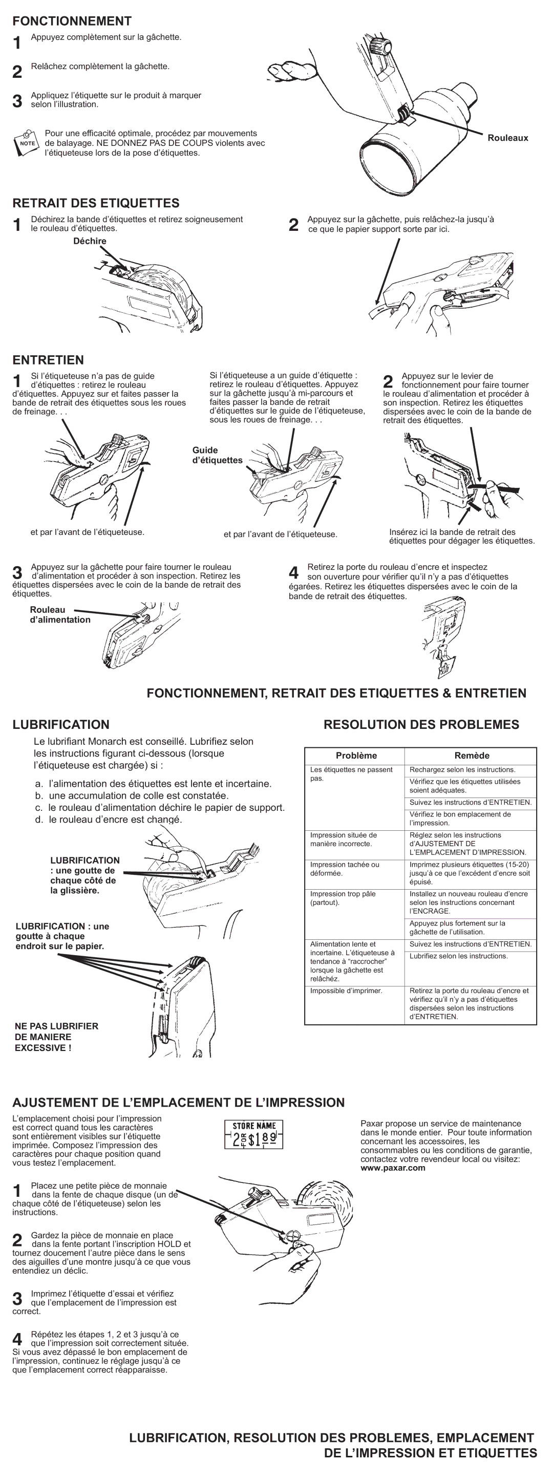 Paxar 1103-1110 manual Fonctionnement, Retrait DES Etiquettes, Entretien, Resolution DES Problemes 