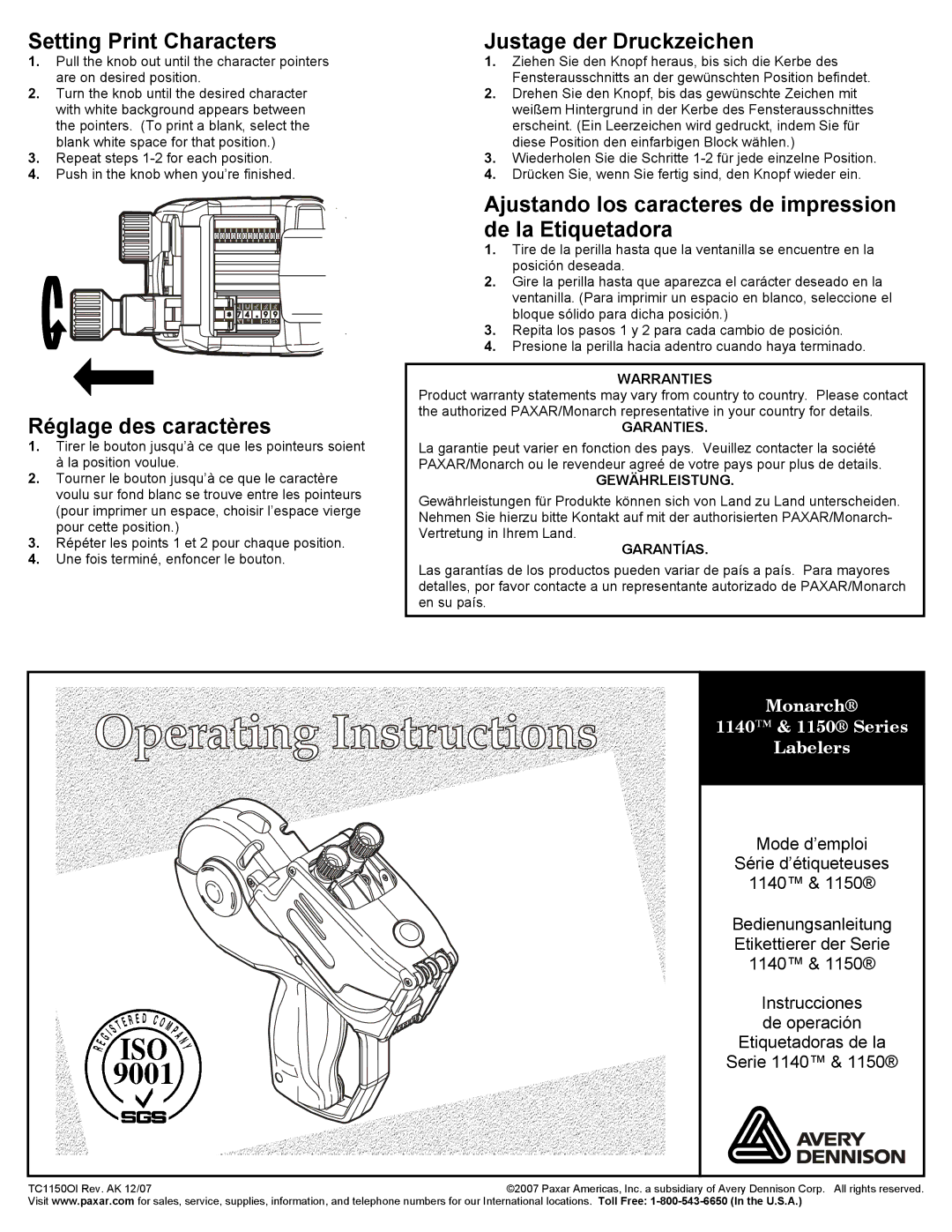 Paxar 1150 Series, 1140 Series warranty Setting Print Characters, Justage der Druckzeichen, Réglage des caractères 