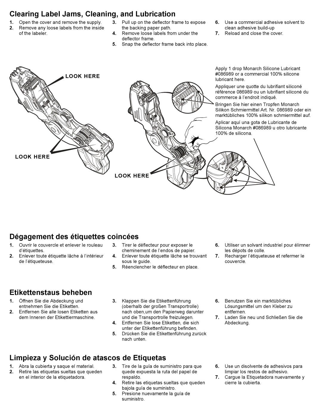 Paxar 1140 Series, 1150 Series warranty Clearing Label Jams, Cleaning, and Lubrication, Dégagement des étiquettes coincées 