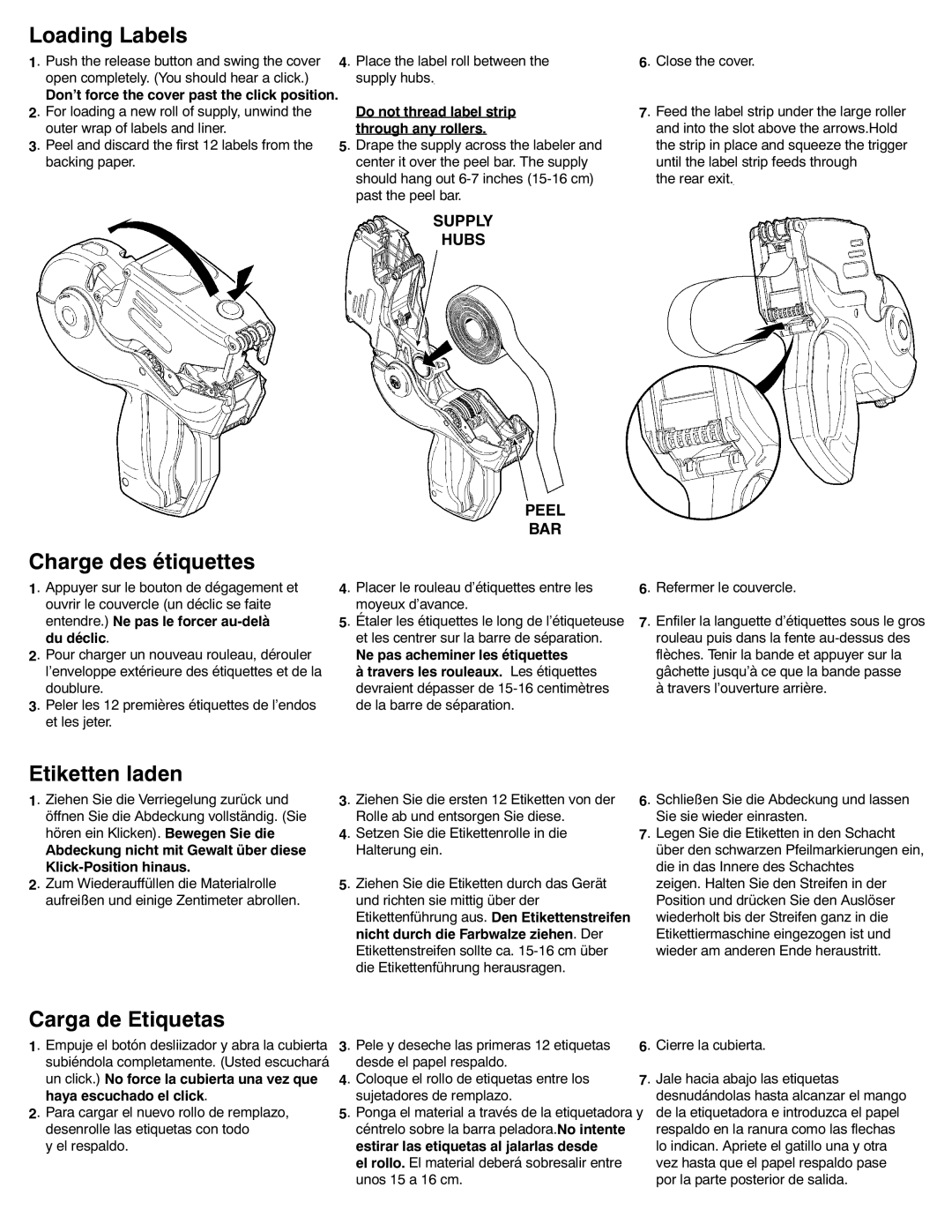 Paxar 1159 Series manual Loading Labels, Charge des étiquettes, Etiketten laden, Carga de Etiquetas, Supply Hubs Peel BAR 