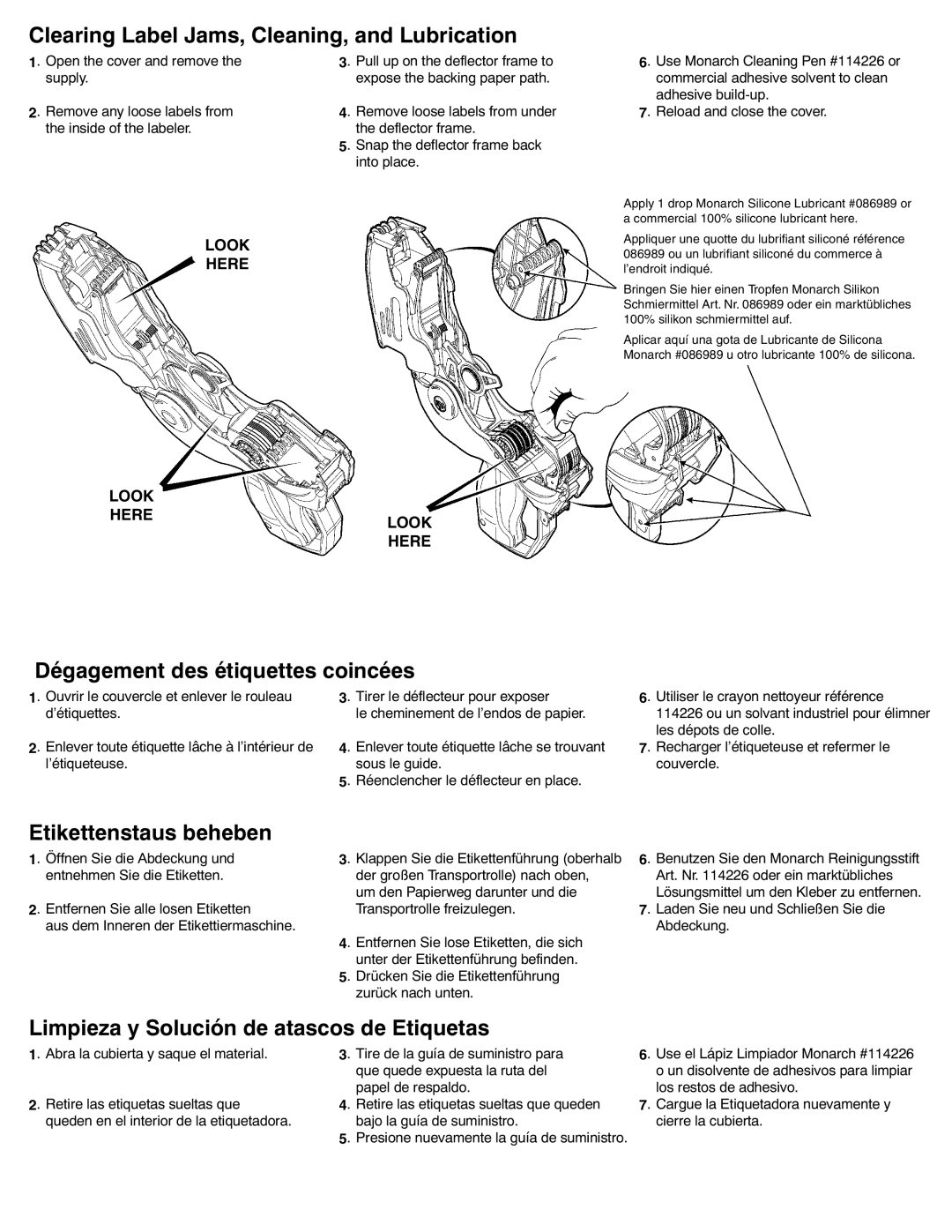 Paxar 1159 Series manual Clearing Label Jams, Cleaning, and Lubrication, Dégagement des étiquettes coincées, Look Here 