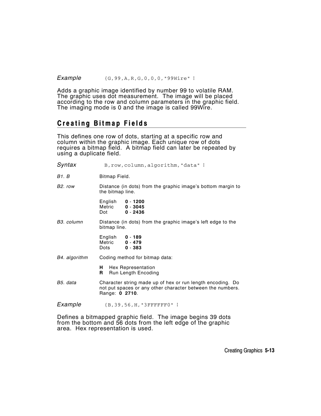 Paxar 2 manual E a t i n g B i t m a p F i e l d s, Row,column,algorithm,data p, 39,56,H,3FFFFFF0 p 