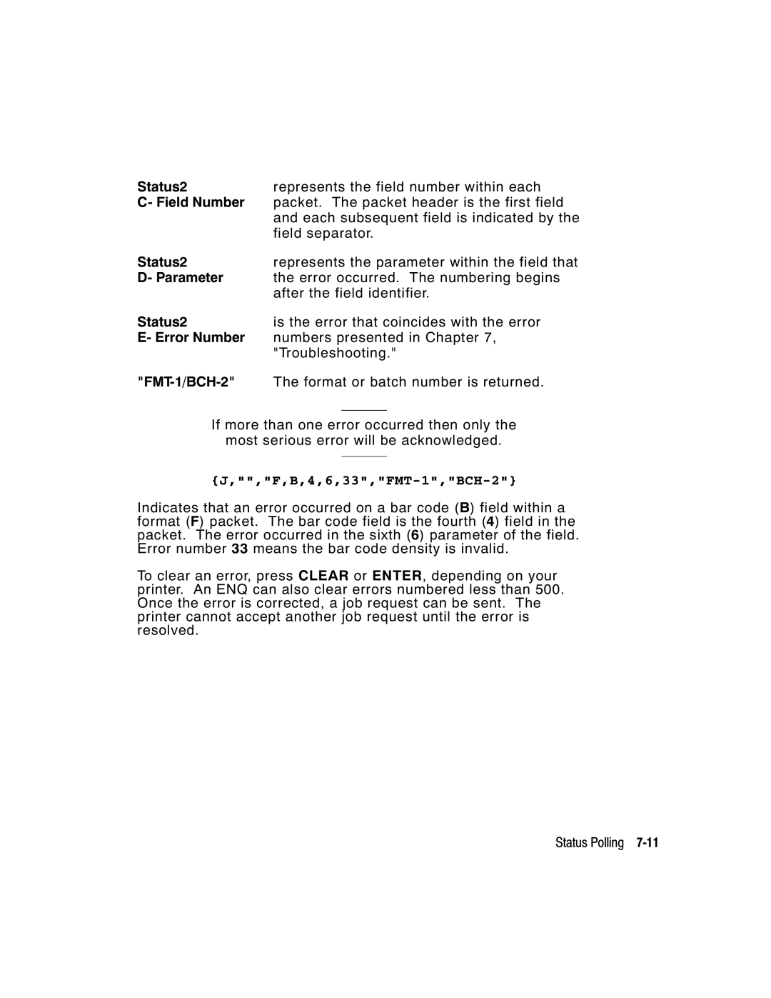 Paxar manual Field Number, Parameter, Error Number, FMT-1/BCH-2 