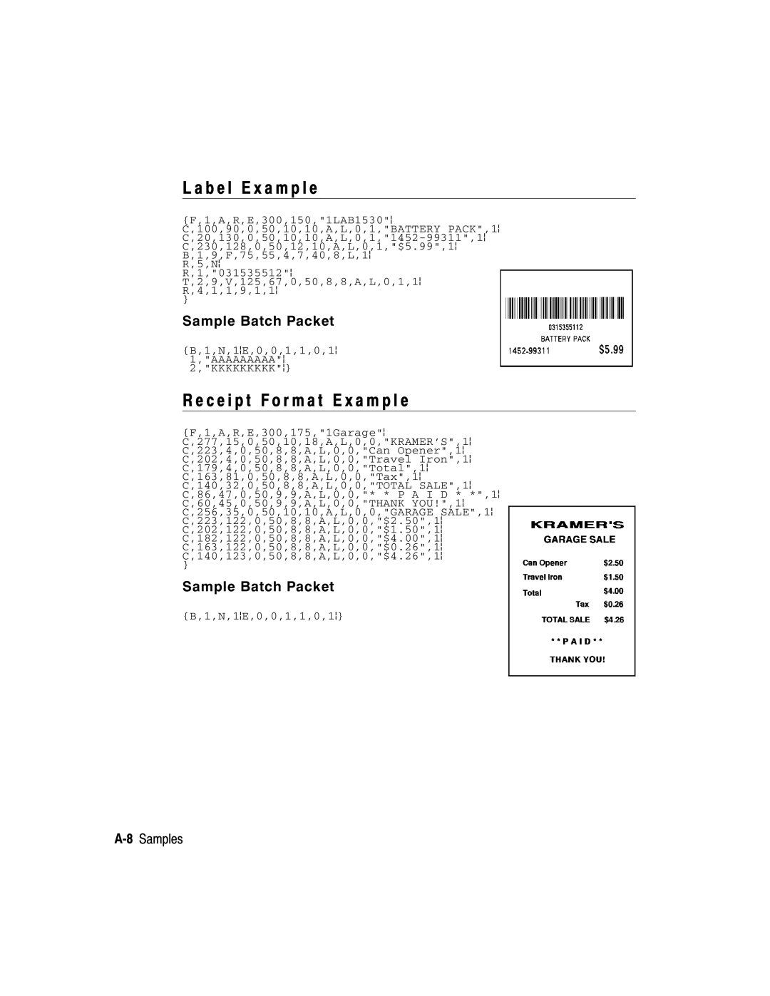 Paxar 2 manual B e l E x a m p l e, C e i p t F o r m a t E x a m p l e, 8Samples 