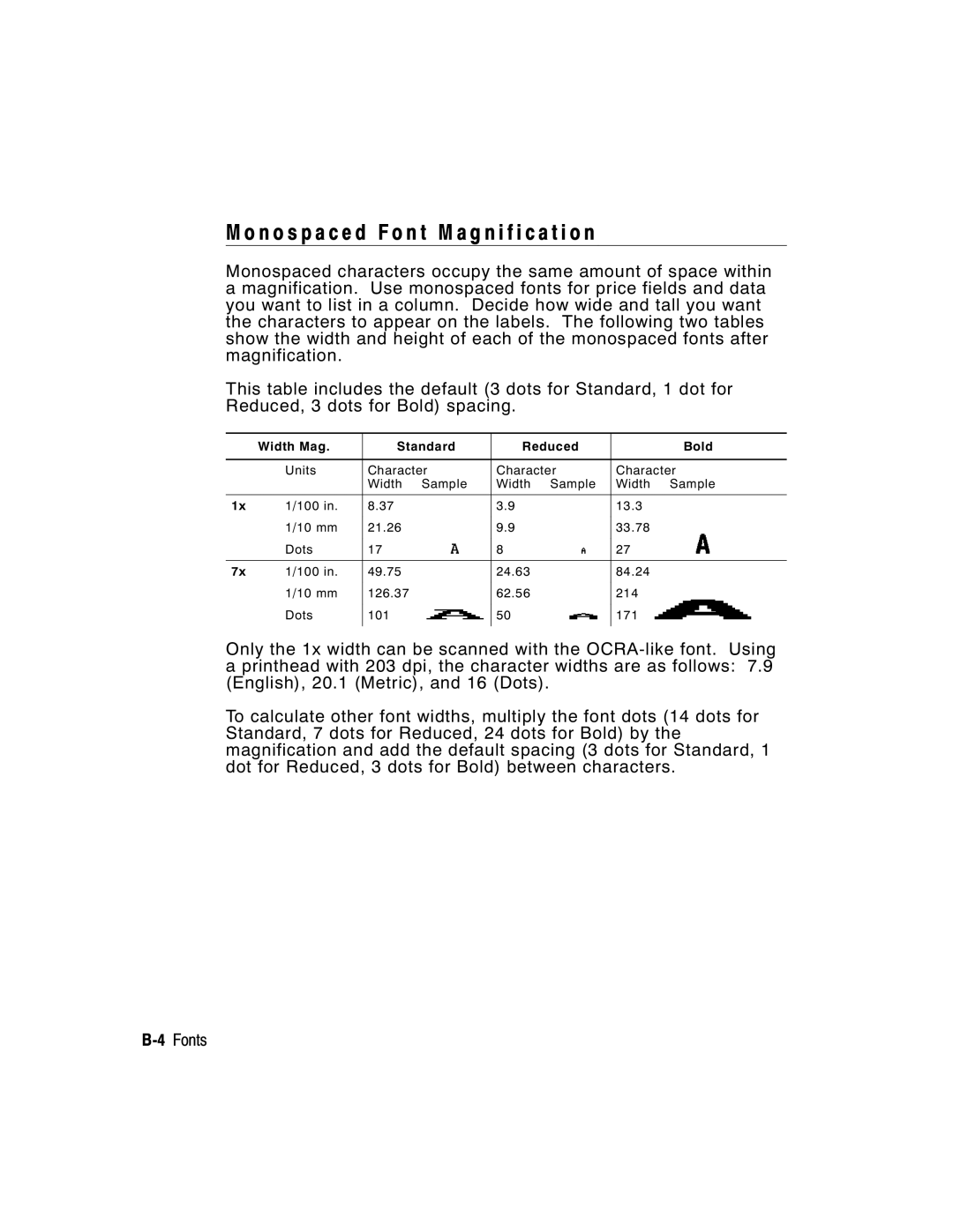 Paxar 2 manual N o s p a c e d F o n t M a g n i f i c a t i o n, Width Mag Standard Reduced Bold 