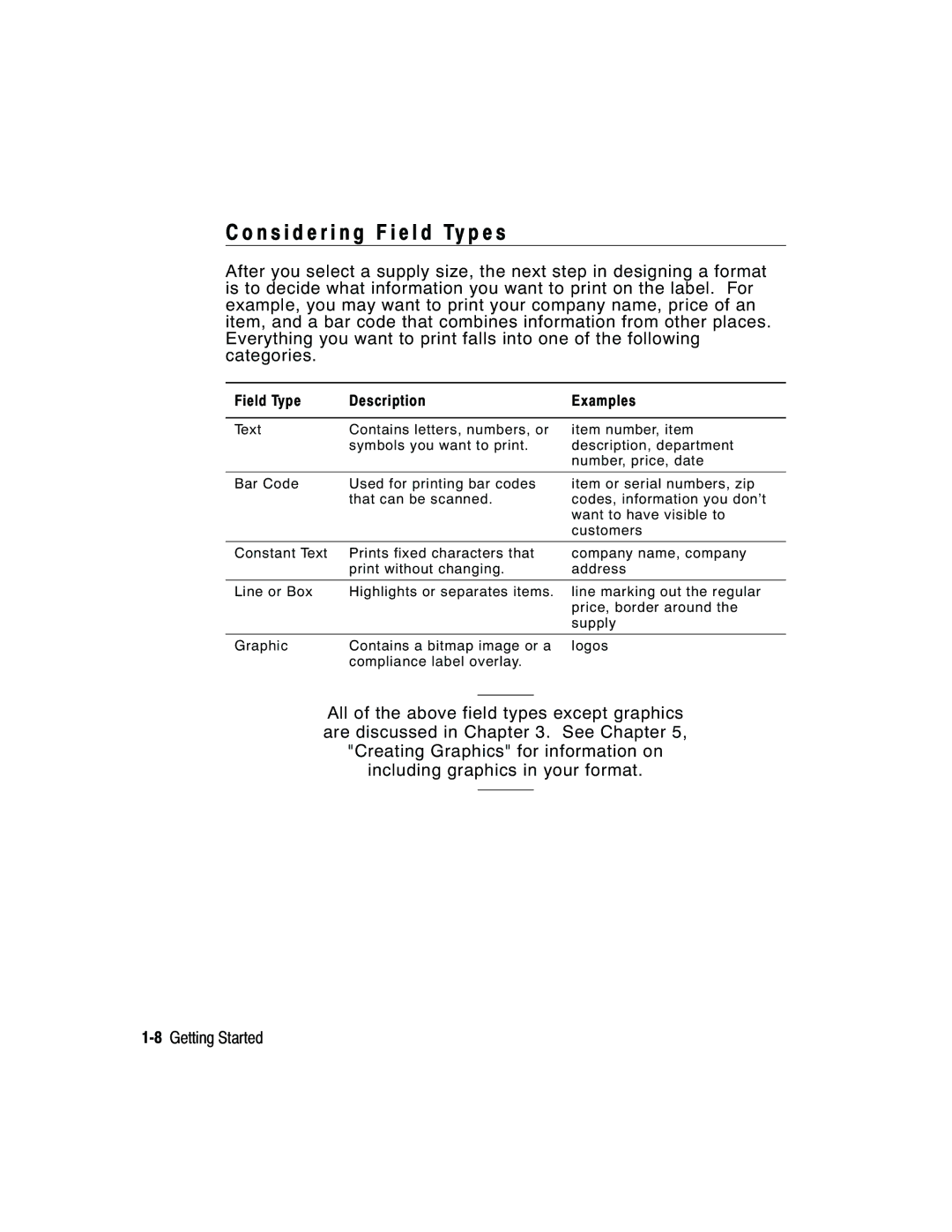 Paxar 2 manual N s i d e r i n g F i e l d Ty p e s, Field Type Description Examples 