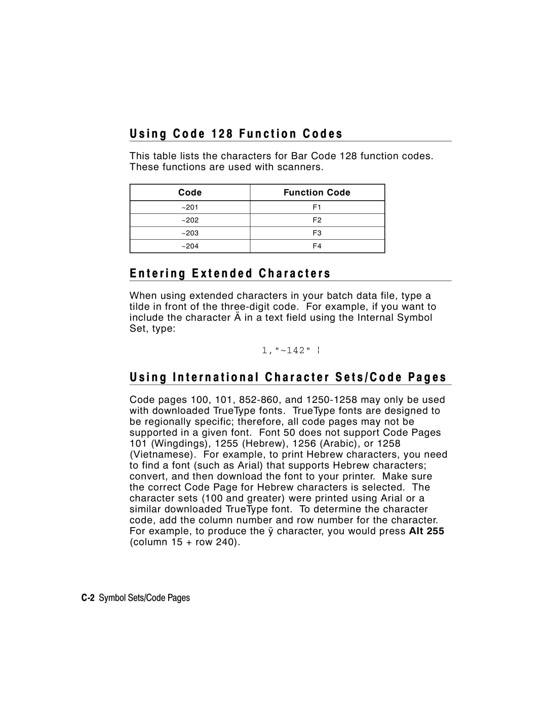 Paxar manual I n g code 1 2 8 F u n c t i o n codes, T e r i n g E x t e n d e d C h a r a c t e r s 