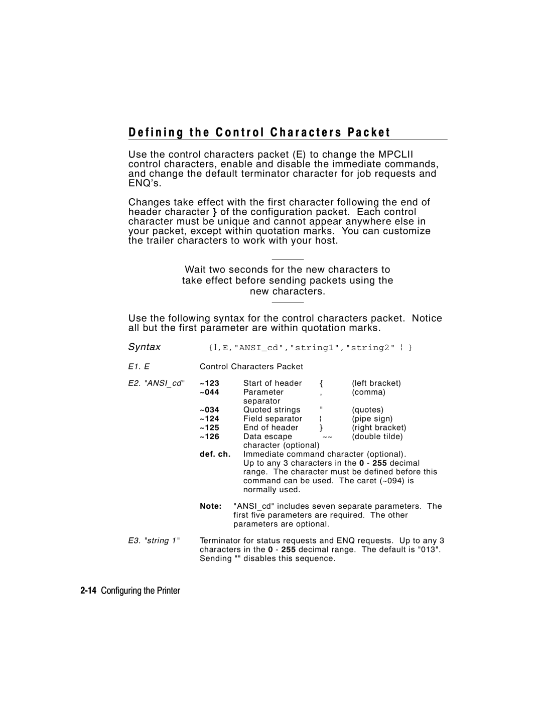 Paxar manual 14Configuring the Printer, ANSIcd,string1,string2 p 