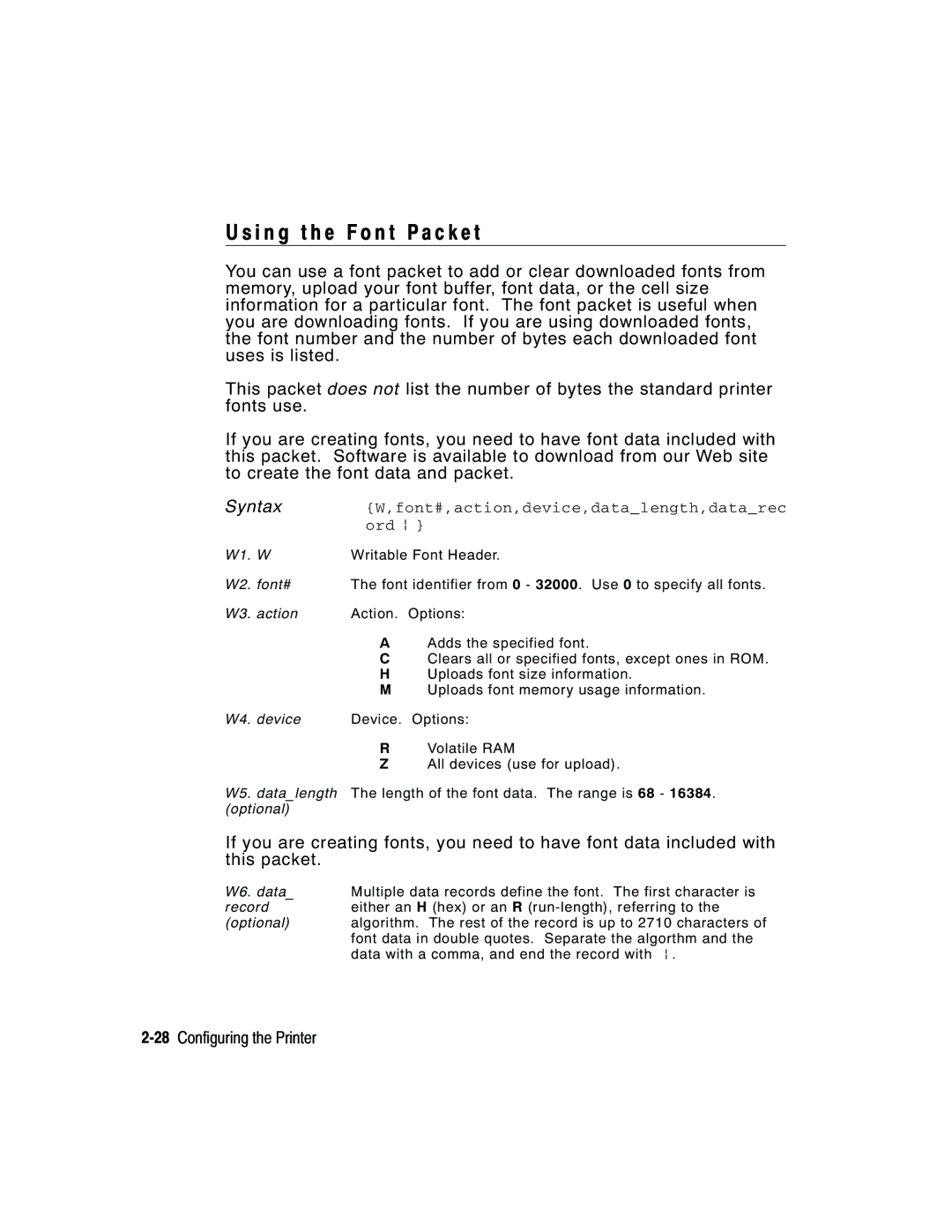 Paxar manual I n g t h e F o n t Pa c k e t, 28Configuring the Printer 