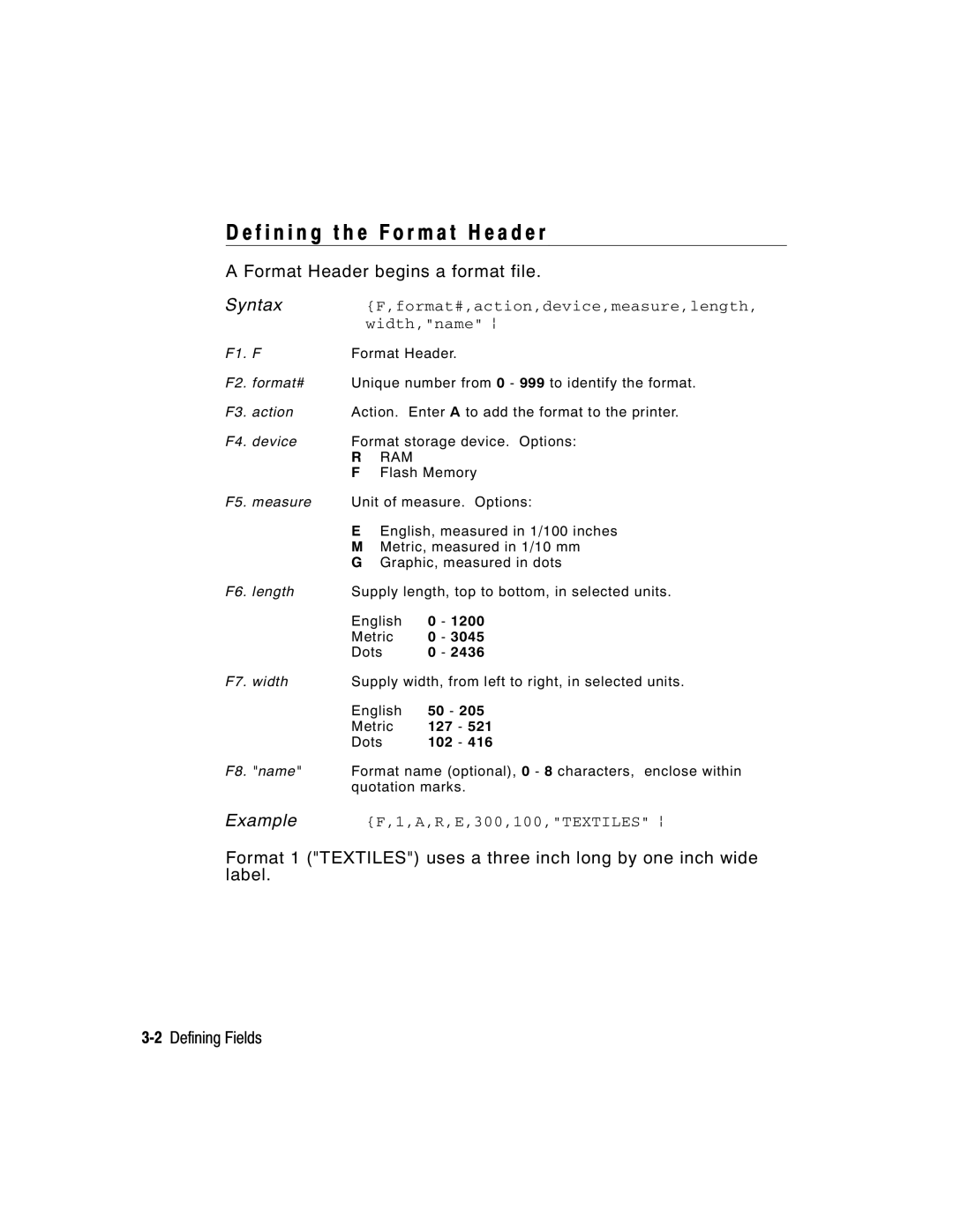 Paxar 2 manual F i n i n g t h e F o r m a t H e a d e r, Format Header begins a format file, Width,name p 