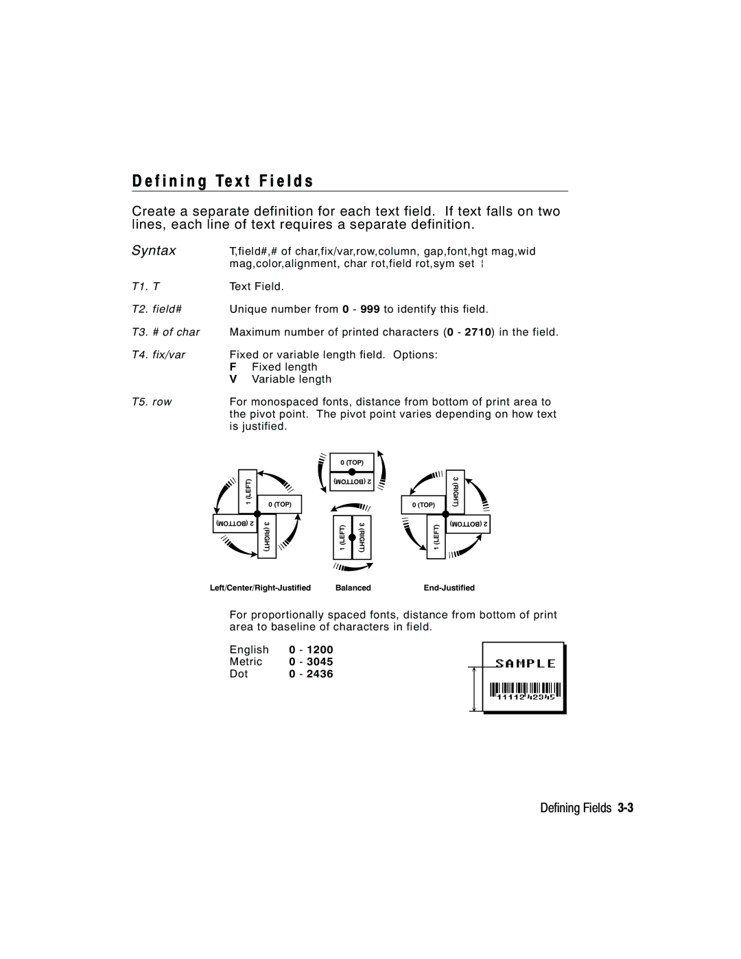 Paxar 2 manual F i n i n g Te x t F i e l d s, T5. row 