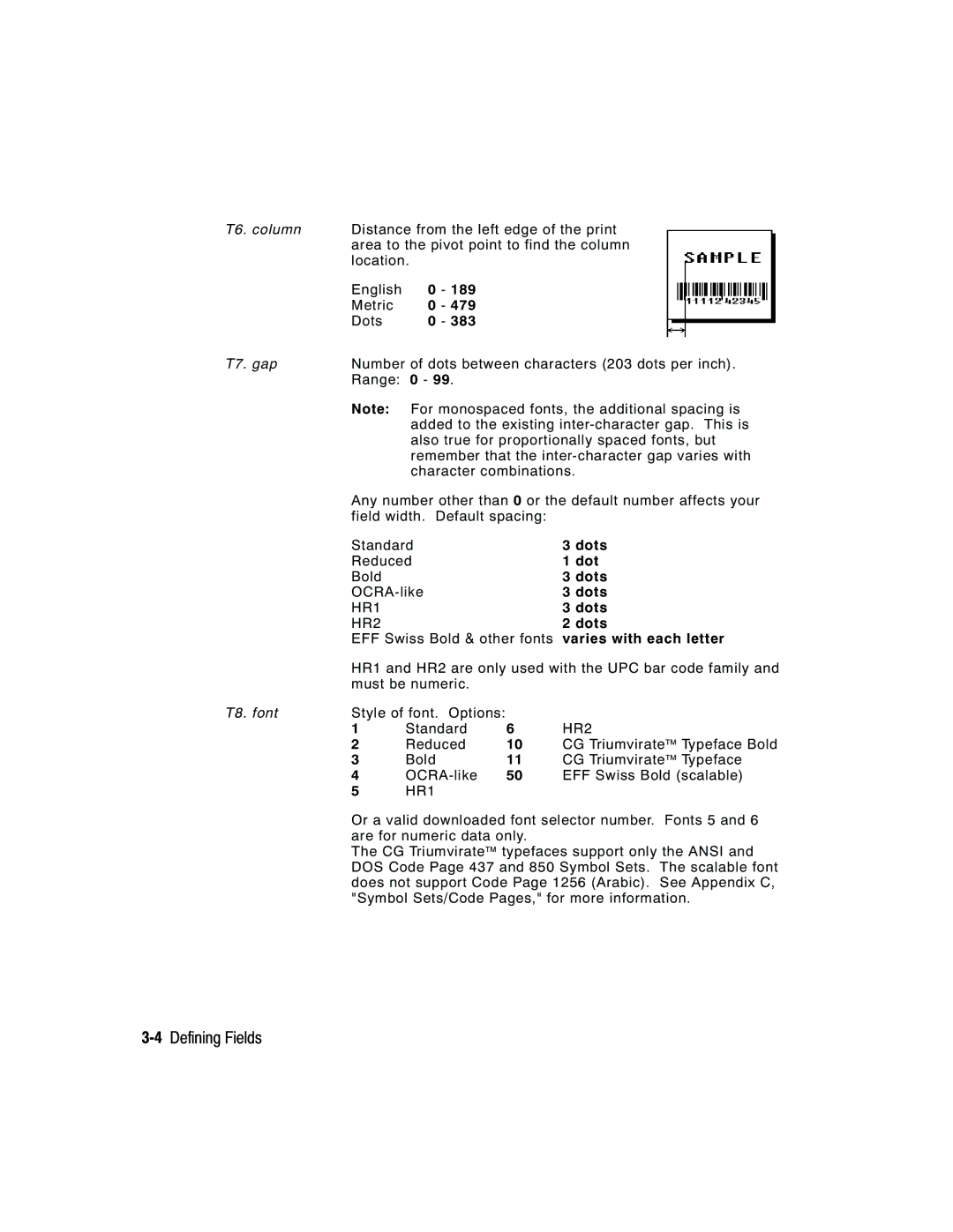 Paxar 2 manual 4Defining Fields, Varies with each letter 