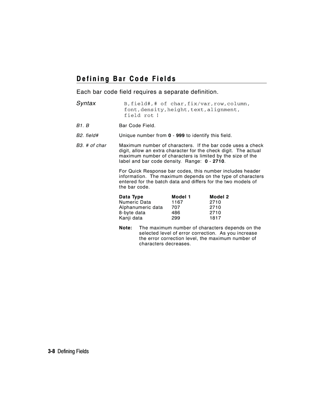 Paxar 2 manual F i n i n g B a r code F i e l d s, Each bar code field requires a separate definition, 8Defining Fields 