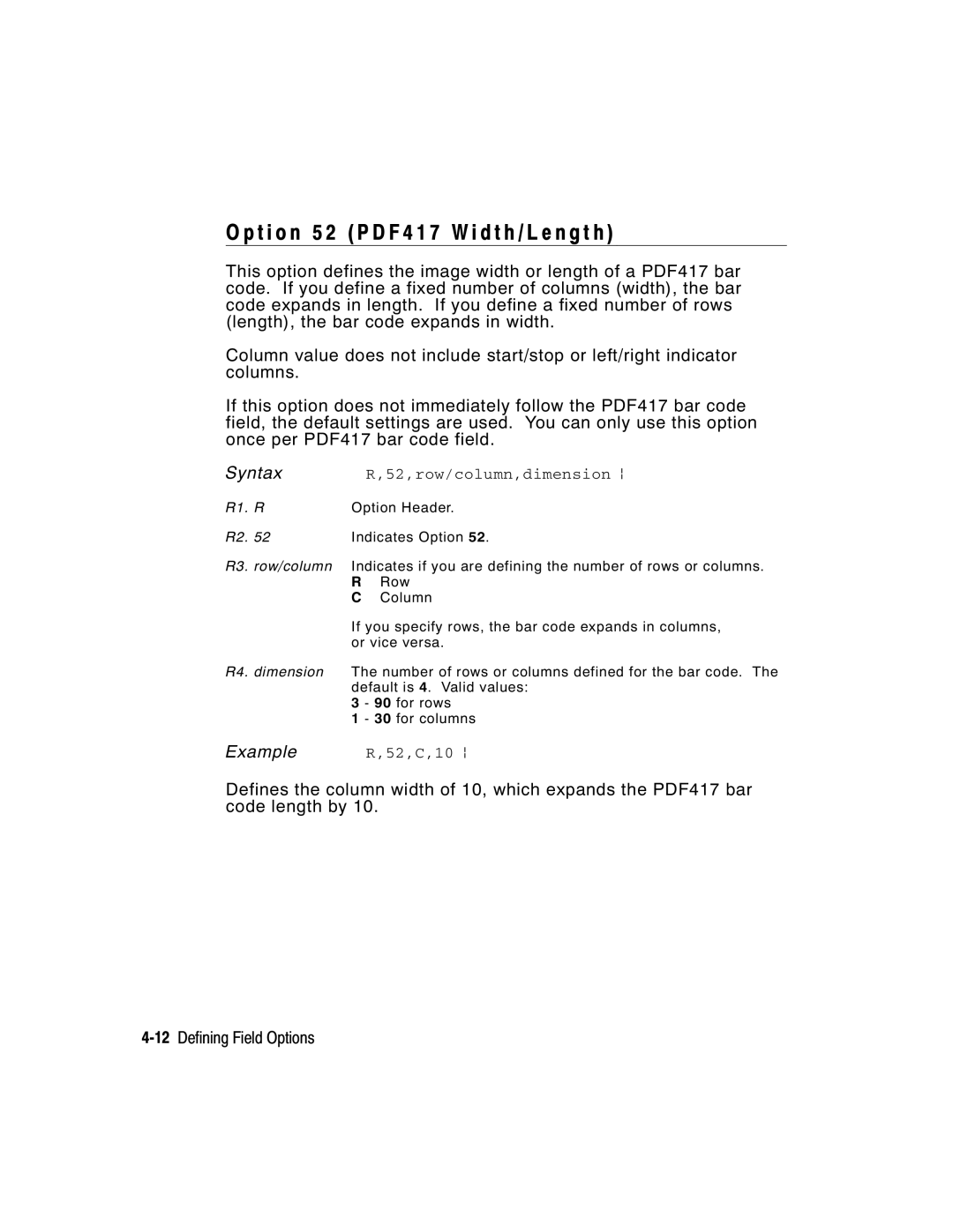 Paxar manual T i o n 5 2 P D F 4 1 7 W i d t h / L e n g t h, 12Defining Field Options, 52,row/column,dimension p 