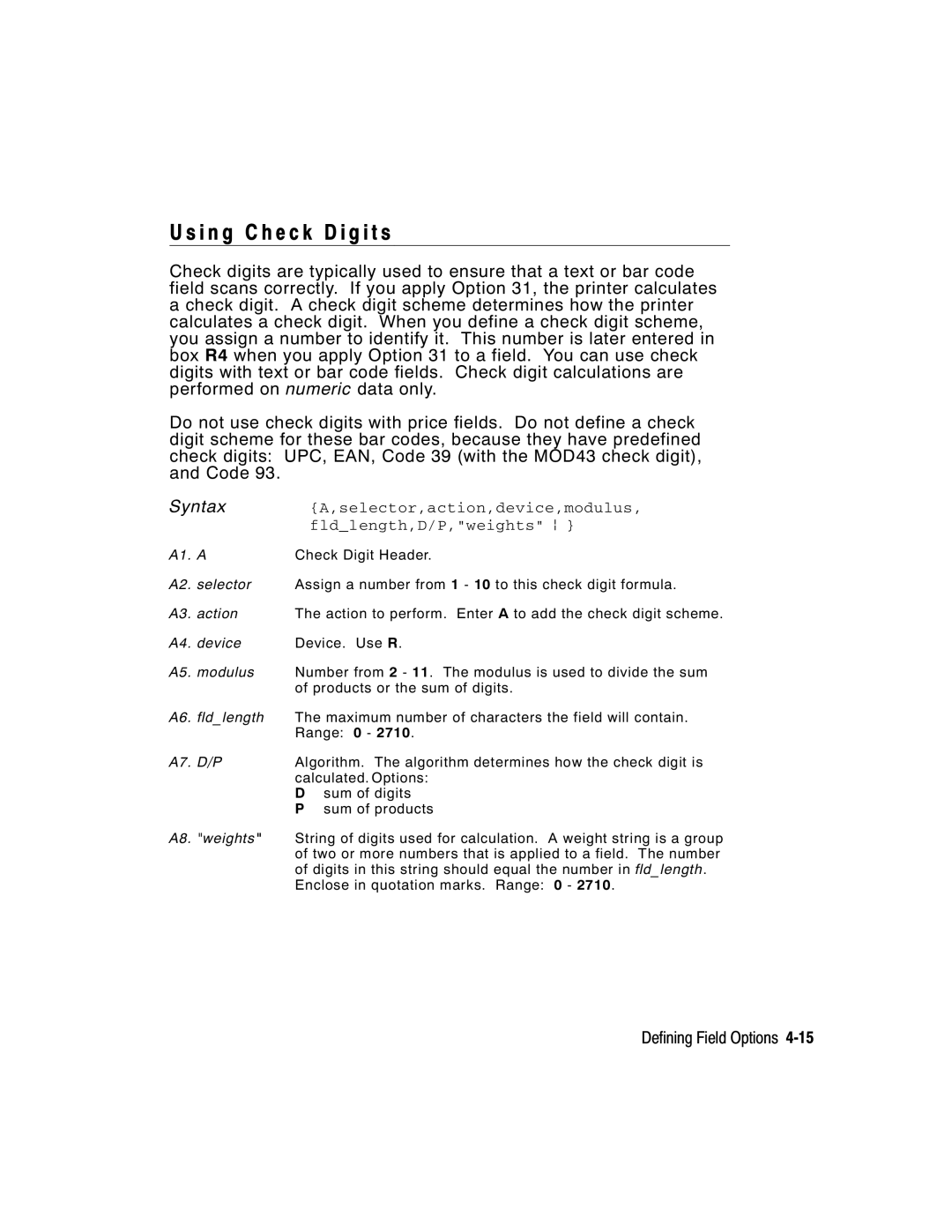 Paxar 2 manual I n g C h e c k D i g i t s, Selector,action,device,modulus, Fldlength,D/P,weights p 