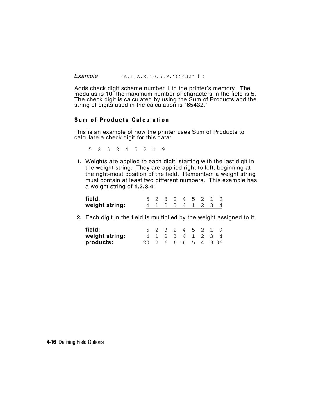 Paxar 2 manual M o f P r o d u c t s C a l c u l a t i o n, 16Defining Field Options 