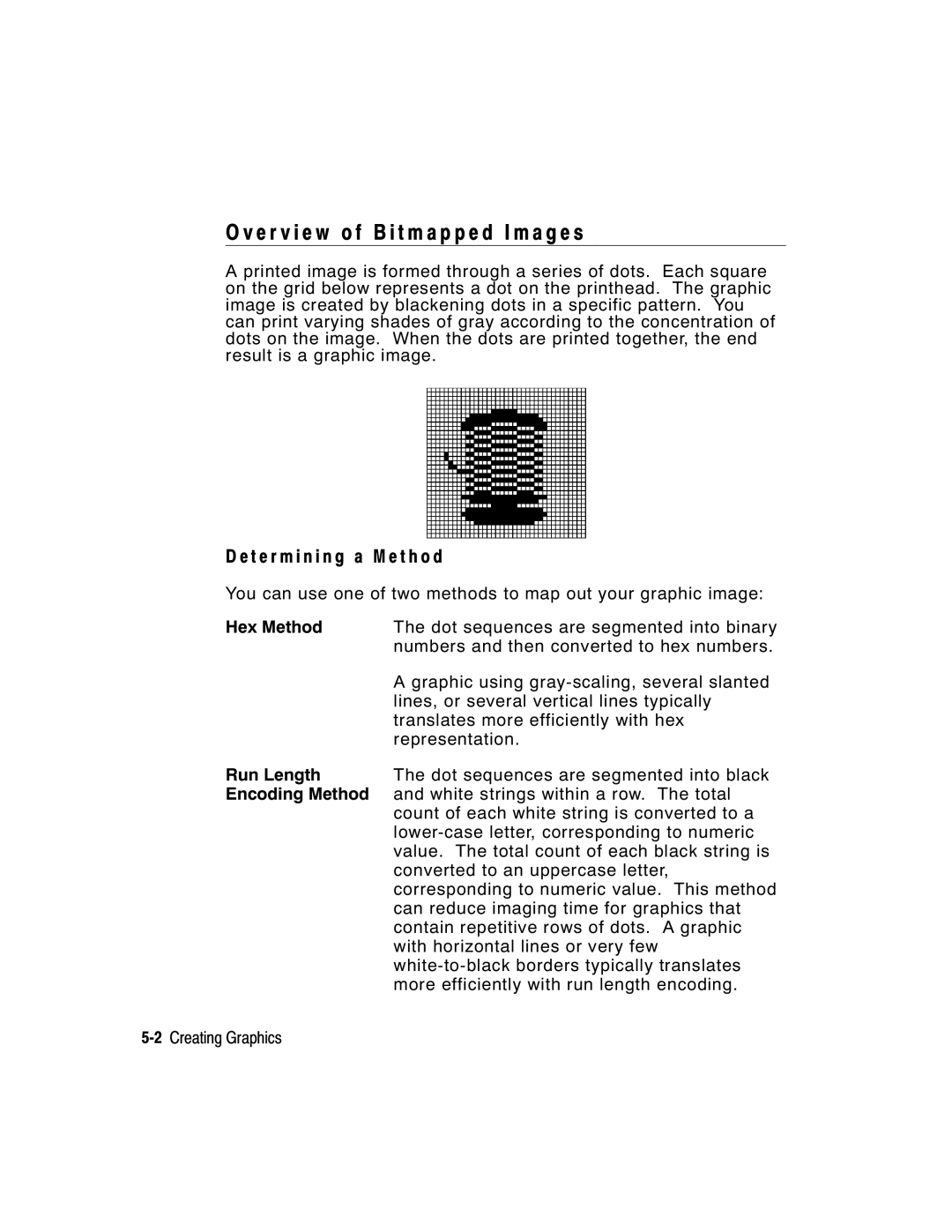 Paxar 2 manual E r v i e w o f B i t m a p p e d I m a g e s, T e r m i n i n g a M e t h o d, Hex Method, Run Length 