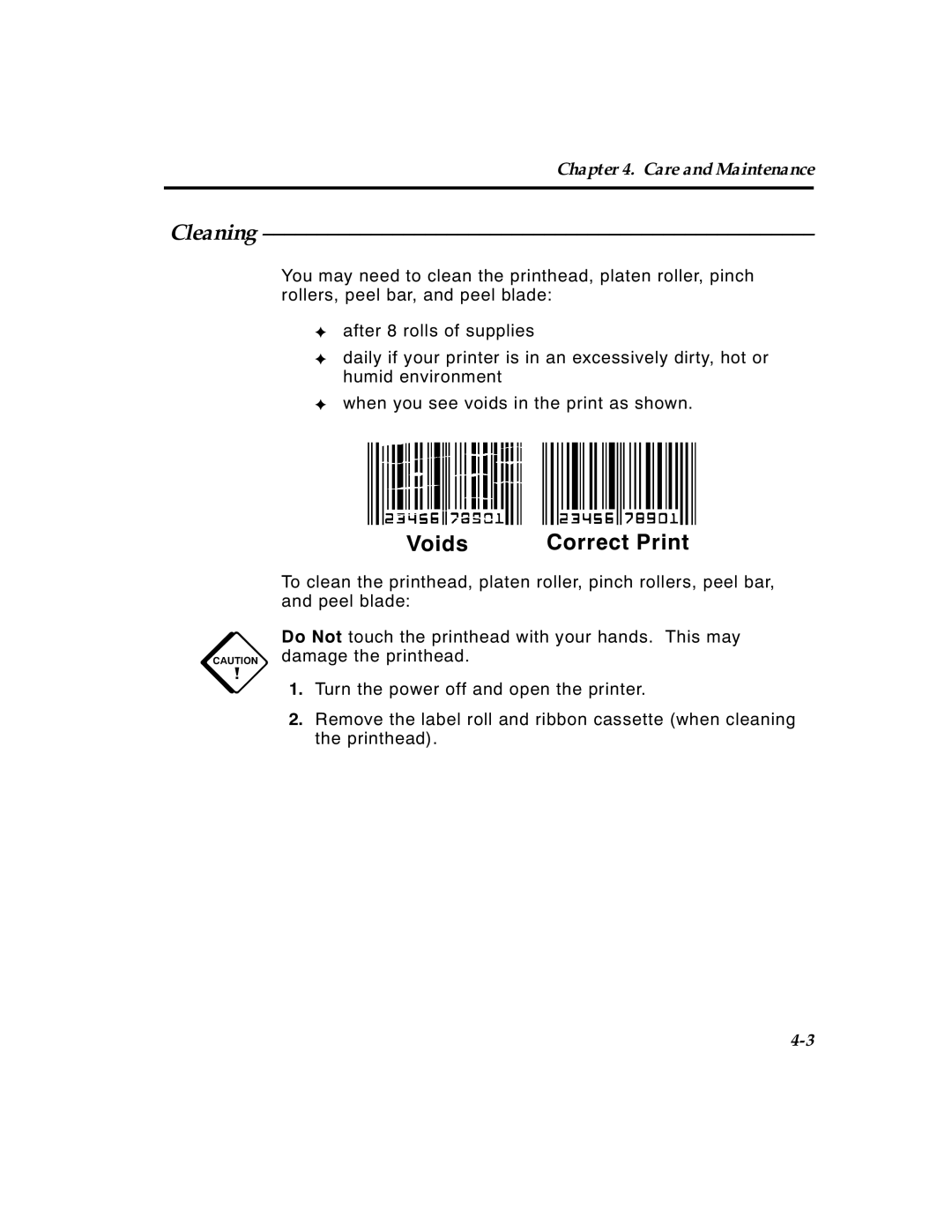 Paxar 4 manual Cleaning, Voids Correct Print 