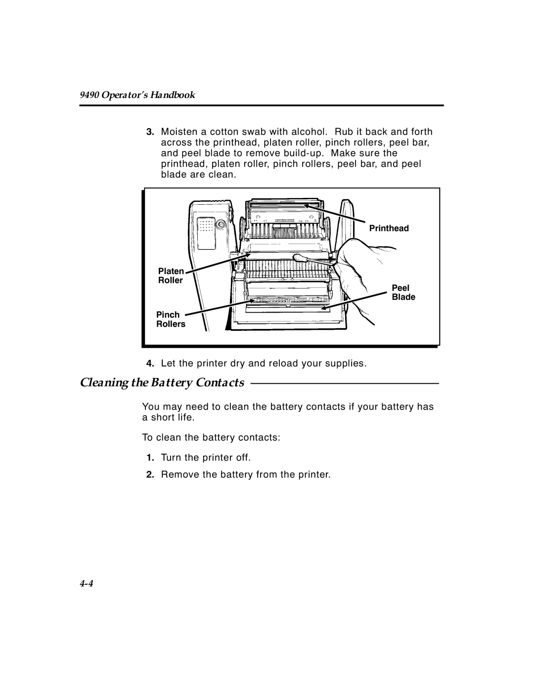 Paxar 4 manual Cleaning the Battery Contacts 