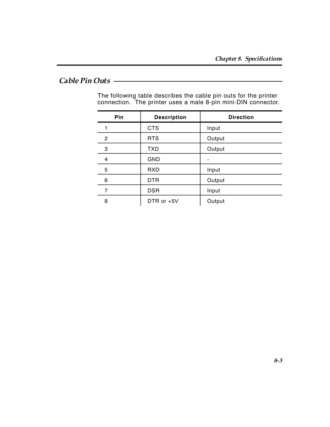 Paxar 4 manual Cable Pin Outs, Pin Description Direction 