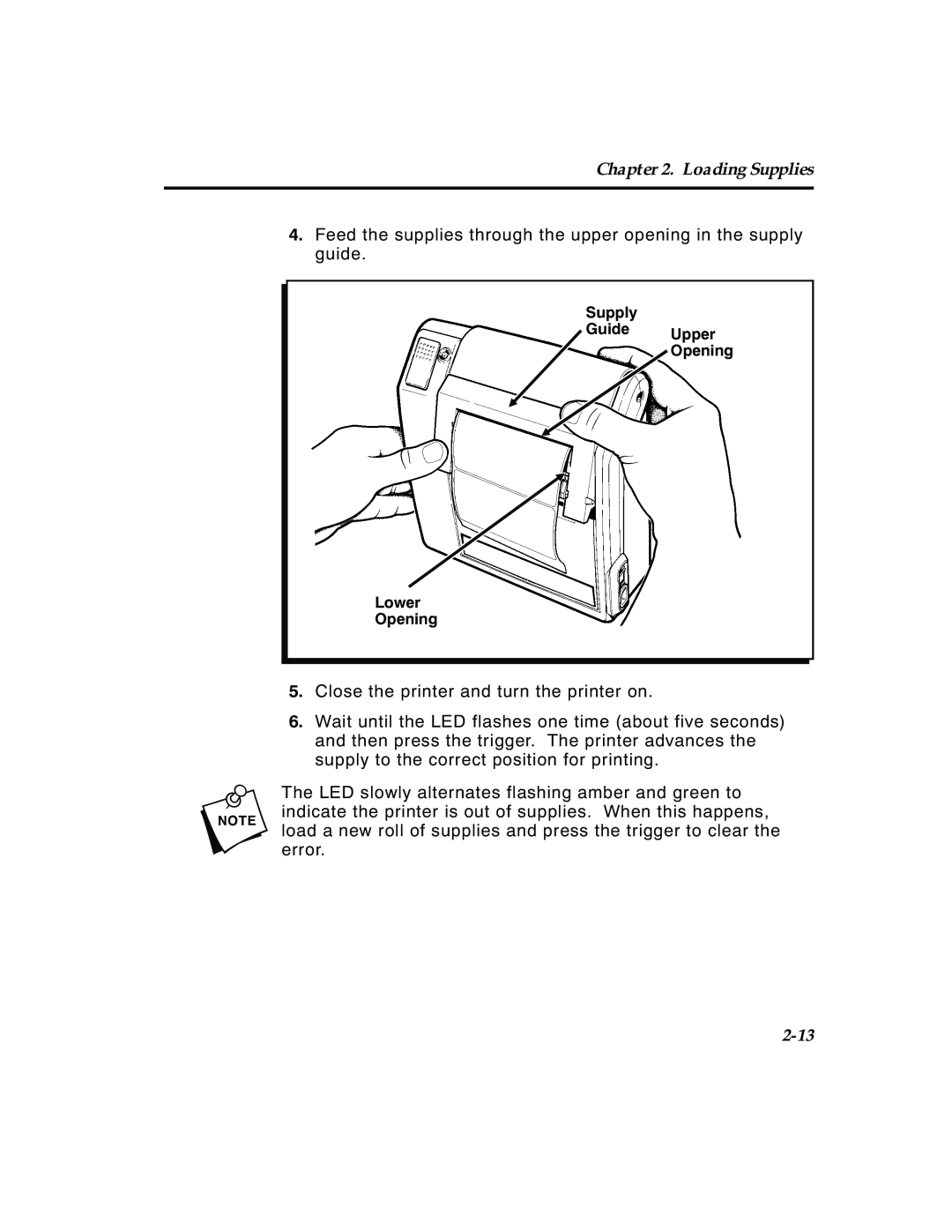 Paxar 4 manual 2-13, Loading Supplies, Supply Guide Upper Opening Lower Opening 