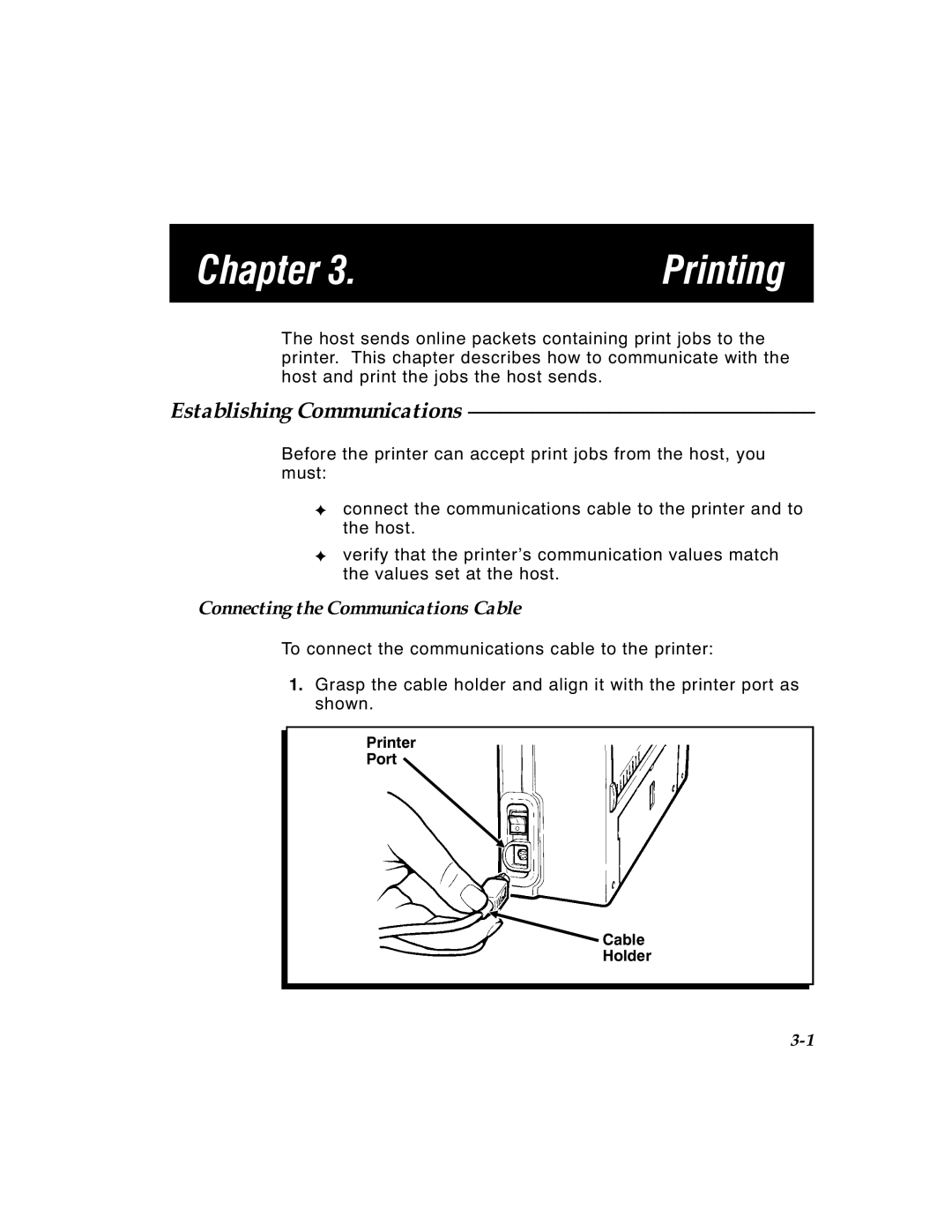 Paxar 4 manual Printing, Establishing Communications, Connecting the Communications Cable, Chapter 