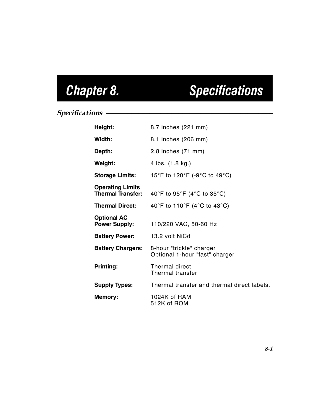 Paxar 4 manual Specifications, Chapter 