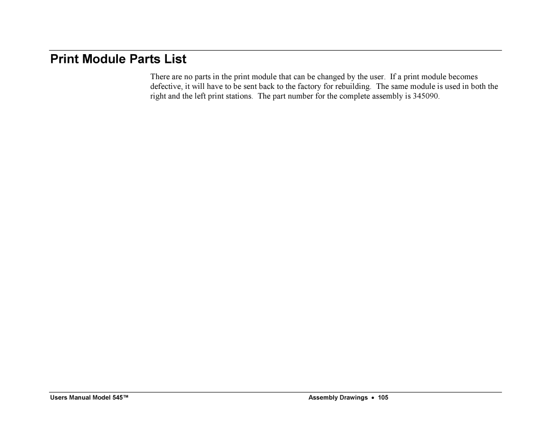 Paxar 545 user manual Print Module Parts List 