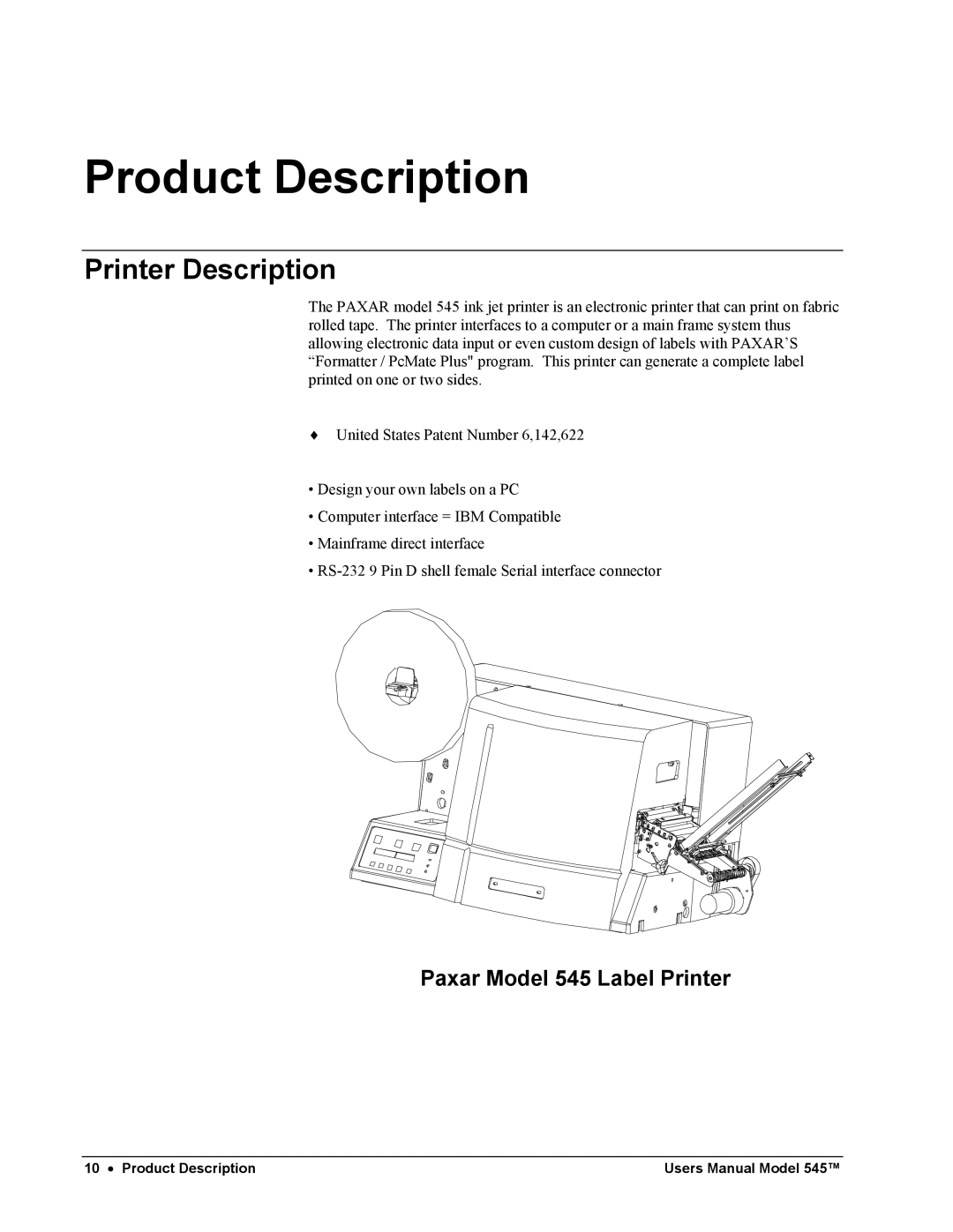 Paxar user manual Product Description, Printer Description, Paxar Model 545 Label Printer 