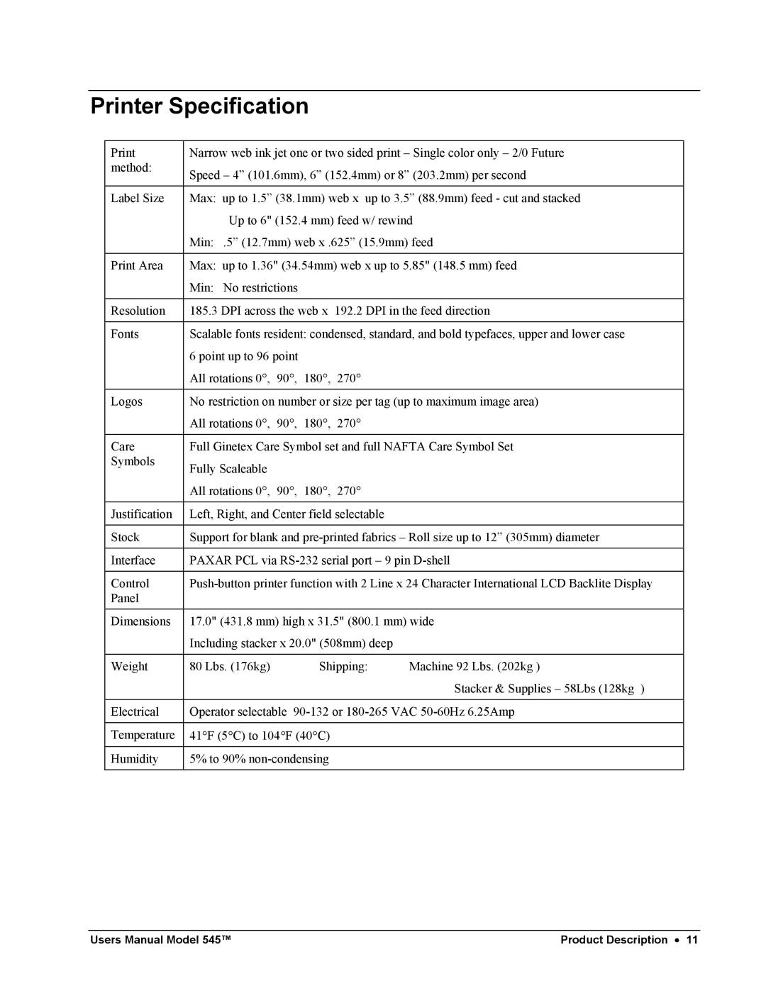 Paxar 545 user manual Printer Specification 