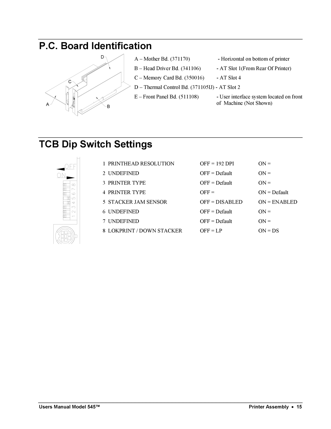 Paxar 545 user manual Board Identification, TCB Dip Switch Settings 