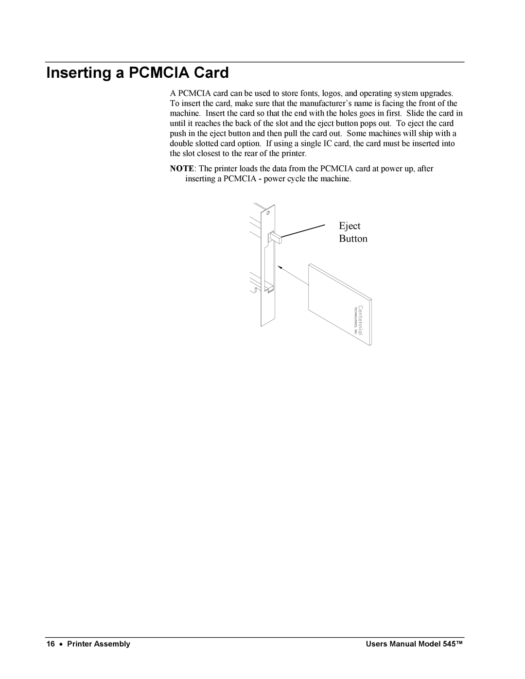 Paxar 545 user manual Inserting a Pcmcia Card 