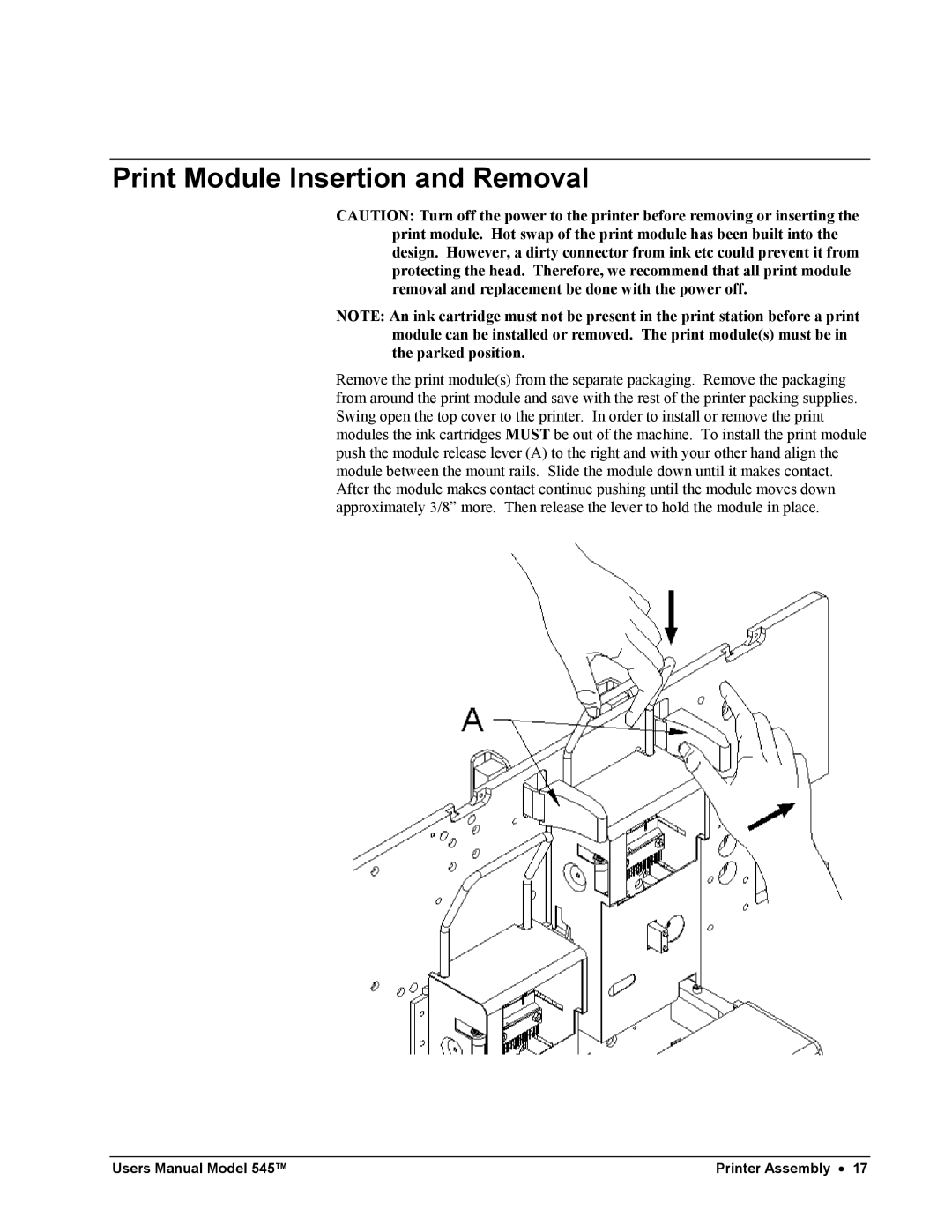 Paxar 545 user manual Print Module Insertion and Removal 