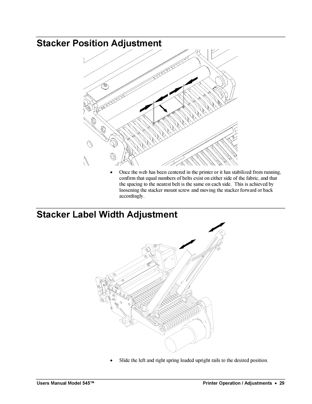 Paxar 545 user manual Stacker Position Adjustment, Stacker Label Width Adjustment 